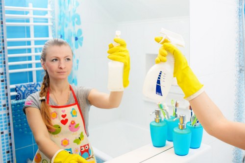 House cleaning routine with organized cleaning supplies